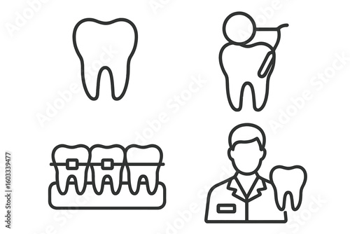 Dentistry icon set in outline linear style. Tooth icon for dental office, treatment, and restoration of teeth. Orthodontist with braces and dentist concept vector icons.