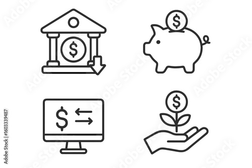 Finance & banking line icon set. Business concepts for bank deposit, savings account, online money transfer & investment growth. Vector pictogram collection symbol.