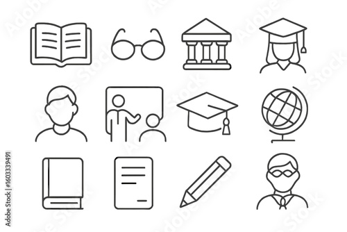 Education line icon set. School, university, and learning symbols. Student, teacher, graduation cap, book, and globe pictograms for web and mobile app design. Outline vector.