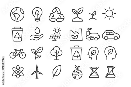 Ecology line icon set. Environment, sustainability, and green concepts. Renewable energy, recycling, conservation, and eco friendly symbols. Vector outline pictogram collection.