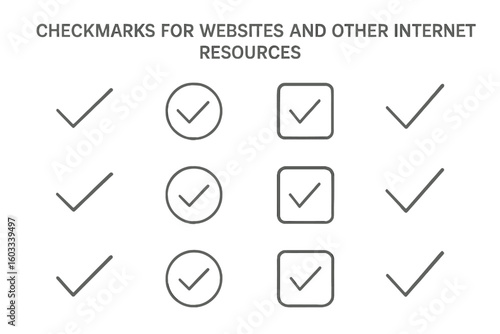 Vector checkmark icon set. Tick symbol collection in flat linear style. OK, Yes, Correct, and Approved signs for website UI, app buttons. Isolated graphic elements.