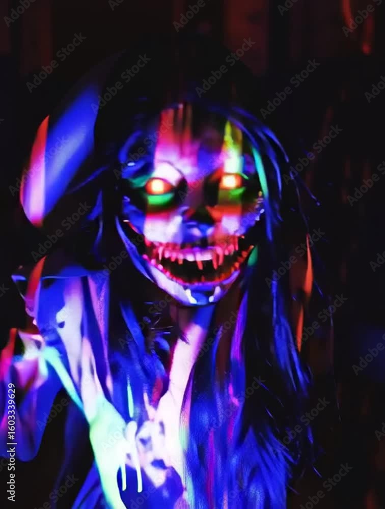 evil monster clown vampire halloween window projection or haunted house projection - blacklight glowing scary glitch zombie attacks camera then disappears - terrifying animation video