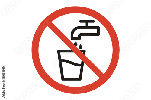Warning Sign No Drinking Tap Water. Prohibited Potable Water. Hygiene Alert Symbol. Faucet Glass Liquid Drop. Public Utility Caution. Health Safety Notice. Drink Water Forbidden Icon.