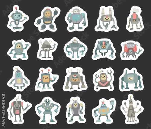 Robot character set in scandinavian style with various pose and emotion for your illustration and creative design projects featuring artificial intelligence and humanoid mechanical technology elements