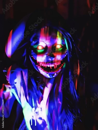 evil monster clown vampire halloween window projection or haunted house projection - blacklight glowing scary glitch zombie attacks camera then disappears - terrifying animation video