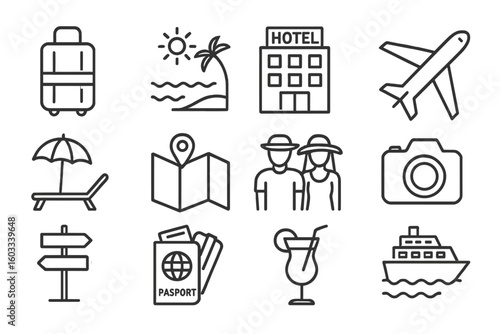 Travel line icon set. Tourism and vacation symbols. Hotel, beach, flight, cruise ship vector icons. Passport, map, luggage, camera simple outline pictograms for web design.