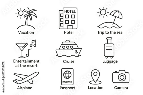 Travel and tourism line icon set. Vacation, hotel, cruise, and flight symbols. Vector pictograms for beach resort holiday, passport, luggage, and camera concepts.