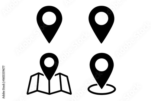 Map pointer icon collection. Location pin symbol for GPS navigation. Flat black destination marker for web and mobile app. Geolocation place sign. Vector travel route icon.