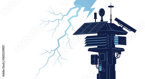 Modern weather station with solar panels and lightning