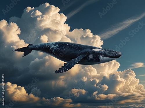 whale floating in the sky with light cloud illustration background