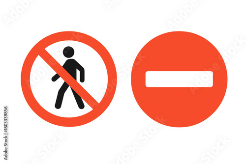 Set of prohibitory road signs. No entry and no pedestrians symbol. Red circle with white dash and crossed-out person icon. Traffic regulation and safety warning vector.