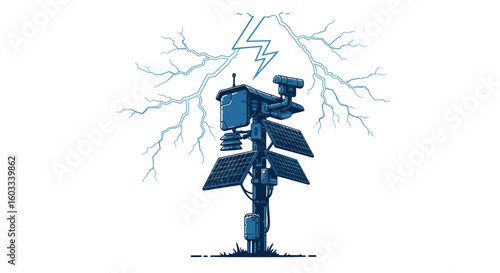 Futuristic solar-powered surveillance pole with lightning and technology elements