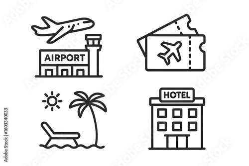 Travel and vacation icon set. Airport, flight tickets, beach resort, and hotel building. Simple line art for tourism, booking, and holiday concepts. Vector icons.