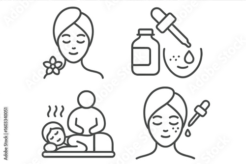 Spa and beauty line icon set. Skincare, facial treatment, and body massage symbols. Vector collection of pictograms for wellness, salon, cosmetics, serum, and dermatology.