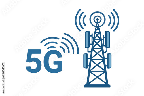 5G network tower icon. Wireless communication technology. Mobile internet signal. Telecommunication antenna broadcasting data connection. High-speed cellular infrastructure vector.