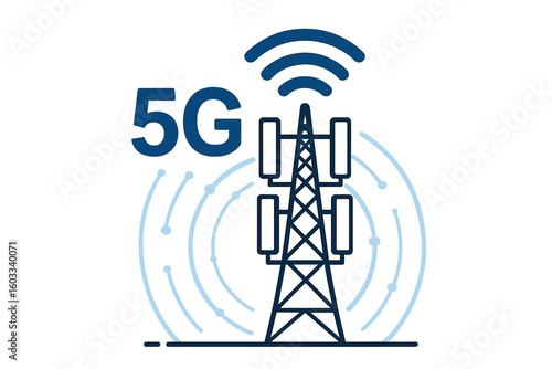 5G network tower icon. Wireless communication technology. Mobile telecommunication antenna. Broadcasting data signal for internet connection. High-speed cellular transmission concept.
