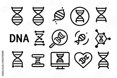 DNA line icon collection. Gene, genetics, and biotechnology symbol set. Helix, chromosome, and molecule science pictogram. Medical and chemistry research vector elements.