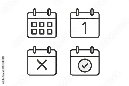 Calendar icon set for web and mobile apps. Date, schedule, and appointment symbols. Time management, deadline reminder, and event planning vector graphics. Canceled and approved signs.