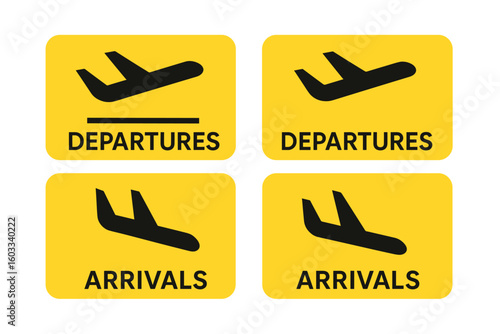 Airport sign set for arrivals and departures. Airplane takeoff and landing vector icons. Simple flight information pictograms. Travel transportation concept for terminal signboard.