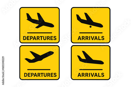 Airport signs icon set for arrivals and departures. Simple vector illustration with airplane silhouette for takeoff and landing. Travel and transport information symbols.