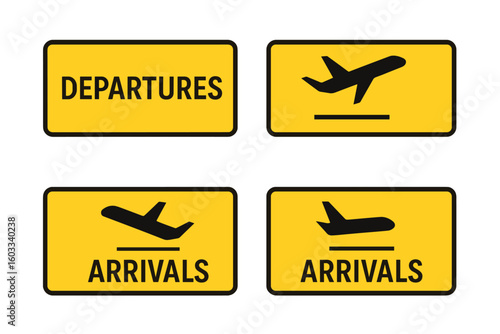 Airport signs vector icon set. Arrivals and departures flight information signs. Airplane takeoff and landing symbols for travel and transport. Wayfinding signage illustration.