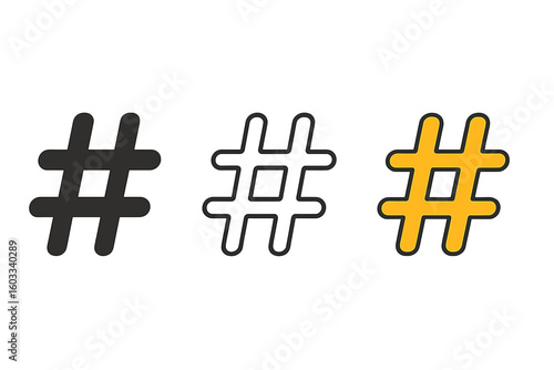Hashtag icon set vector collection. Black, outline, and color hash tag symbol for social media post, web, app UI, and internet marketing. Isolated simple flat modern element.