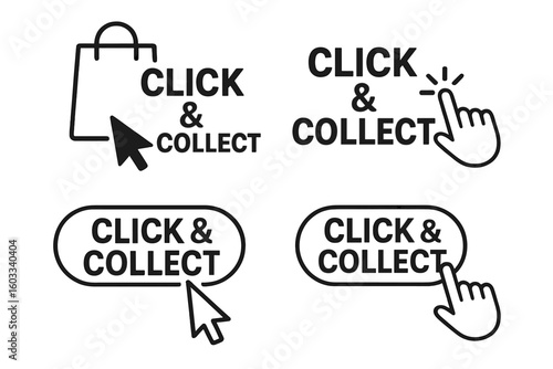 Click and collect icon set. In-store pickup symbol for online orders. Internet shopping concept. E-commerce service with mouse cursor, hand pointer and shopping bag vector.