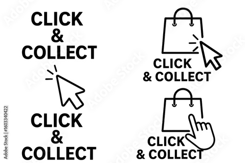 Click and collect vector icon set. Concept for online order or internet shopping. Buy online, pick up in store service. E-commerce symbol with shopping bag and pointer.