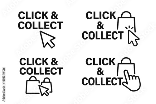 Click and collect icons with computer mouse pointer and hand cursor, symbolizing online ordering, internet shopping, e-commerce concept with digital click and collect service symbols