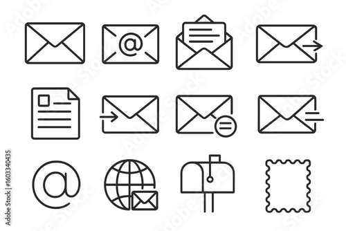 Mail and email communication line icon set. Vector symbols for postal letter, post office, mailbox, sending and receiving messages. Web icons in thin outline linear style.