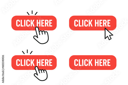 Click here button set with hand pointer and mouse cursors. Modern call to action for website UI and UX design. Press finger and arrow icons for web link. Vector symbol.