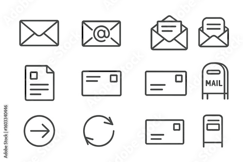 Mail postal service and email communication line icon set. Vector letter, envelope, and mailbox symbols. Thin outline web pictograms for delivery, message and post office.