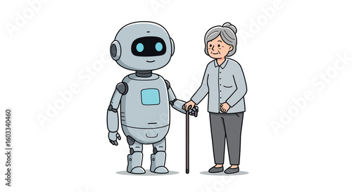 Friendly robot companion with elderly woman in a simple cartoon style