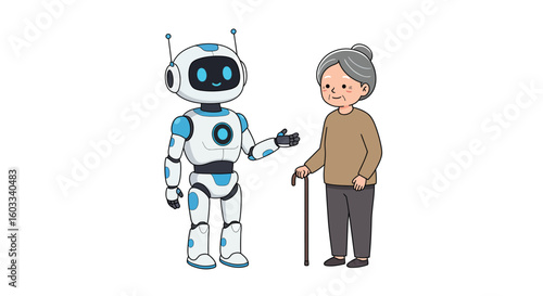 Friendly robot assists elderly woman with a cane in cartoon style