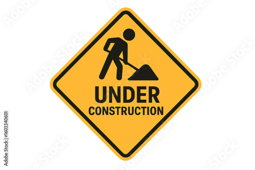Under construction warning sign. Work in progress symbol. Worker with shovel icon. Website maintenance and coming soon page element. Safety, caution and attention roadsign vector.