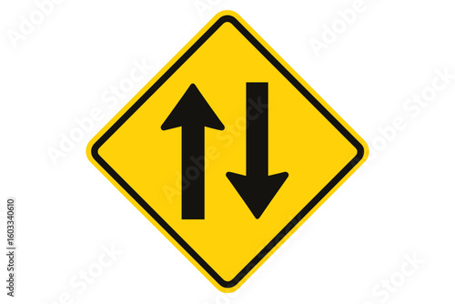 Two-way traffic road sign vector illustration with black arrows on bright yellow diamond background, traffic safety symbol for vehicle direction guidance and road navigation