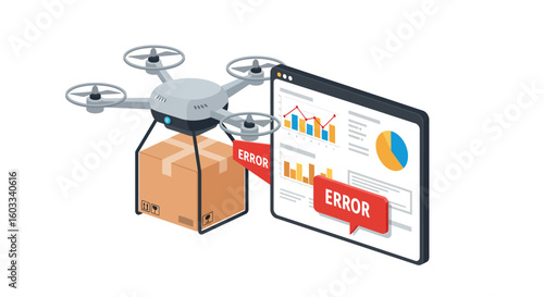Isometric drone delivery with package and error notification on tablet screen