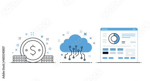 Cloud computing and data management: simple flat design with financial and analytical elements
