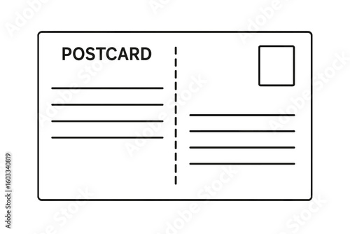 Blank postcard back template with address lines, dashed divider, stamp box and headline. Minimalist outline vector mockup for mailing design, correspondence stationery layout on transparent background