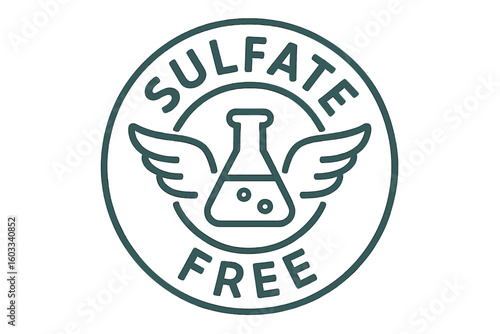 Conceptual sulfate-free product packaging stamps with round labels featuring ingredient flask and wings icon symbolizing liberation, freedom, clean formula, natural cosmetic ingredient vector
