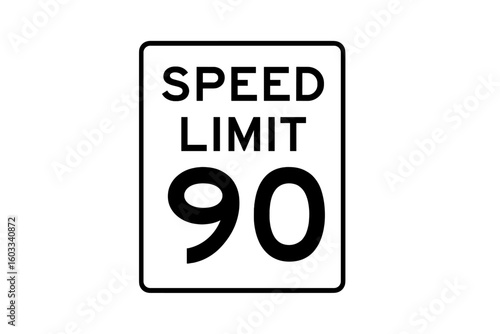 Speed Limit 90 Road Sign. Printable Traffic Sign Vector. Black and White Regulatory Speed Limit Symbol. Clean Modern Transportation Icon for Highways, Streets, Roads. Safety Law Signage Illustration.