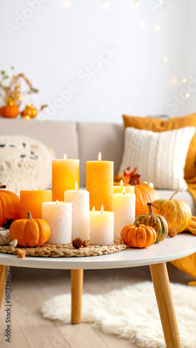 Herbstliche Dekoration im Wohnzimmer mit Kerzen und Kürbissen 