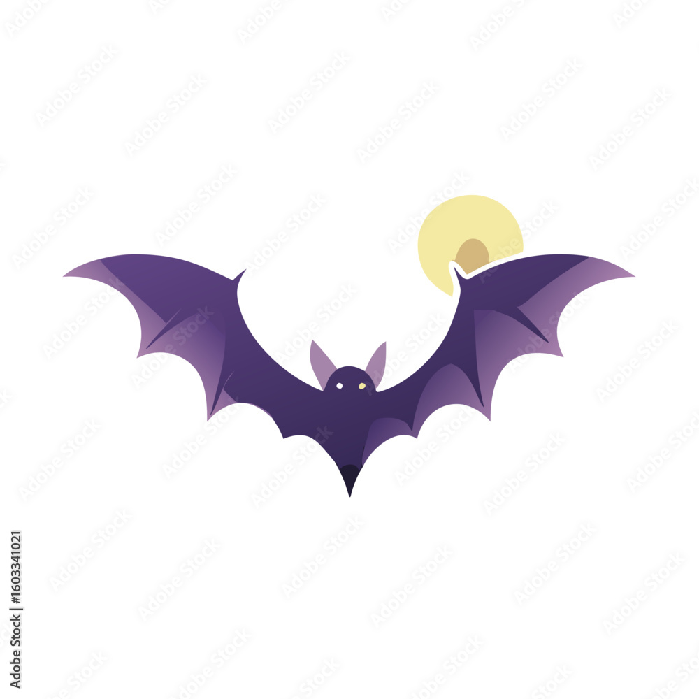 Fototapeta premium A dark purple cartoon bat flying in front of a yellow moon at night