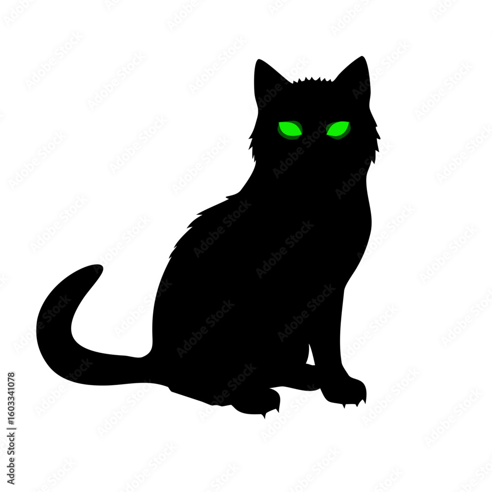 Obraz premium A black cat with glowing green eyes sits alertly on a dark halloween night