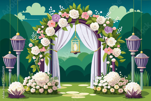 vector of Wedding decor. venue The arch is full of beautiful flowers with white blossoms and a white net, grass and two beautiful lanterns.