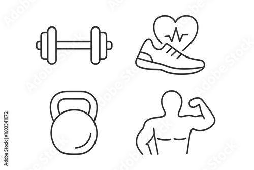 Fitness and gym line icon set. Dumbbell, kettlebell, cardio shoe and muscle man. Bodybuilding workout exercise symbol collection. Healthy lifestyle, sport activity vector.