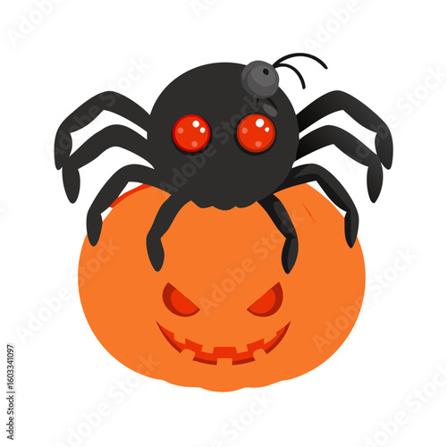 A spider on a jackolantern a spooky halloween decoration on white