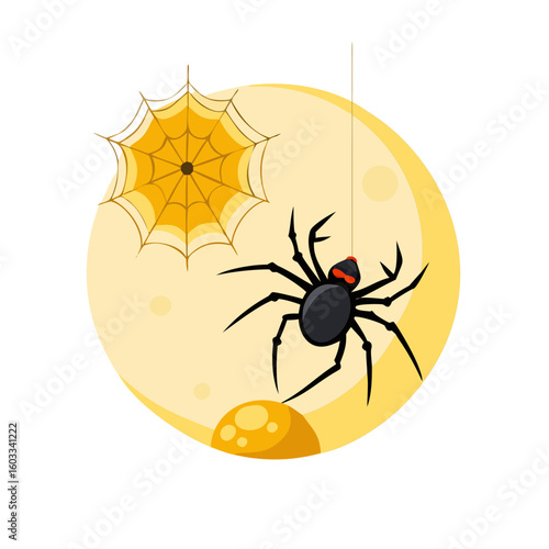 A cartoon black widow spider on web with moon for halloween designs