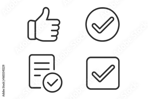 Approval check mark icon set. Thumbs up, accepted document, and checkbox symbols. Quality control, client satisfaction, and success concept. Outline vector illustration.