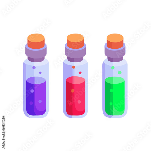 Three cartoon test tubes with purple red and green liquids isolated